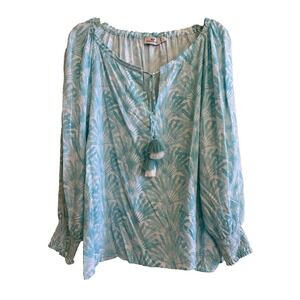 Vineyard Vines Womens Sz Lg Light Blue Palm Leaves Pop‎ Over Blouse Tassels
